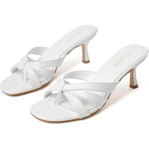 Women Strappy Kitten White Heels Open Toe Mules Thong Sandal for Party Wedding